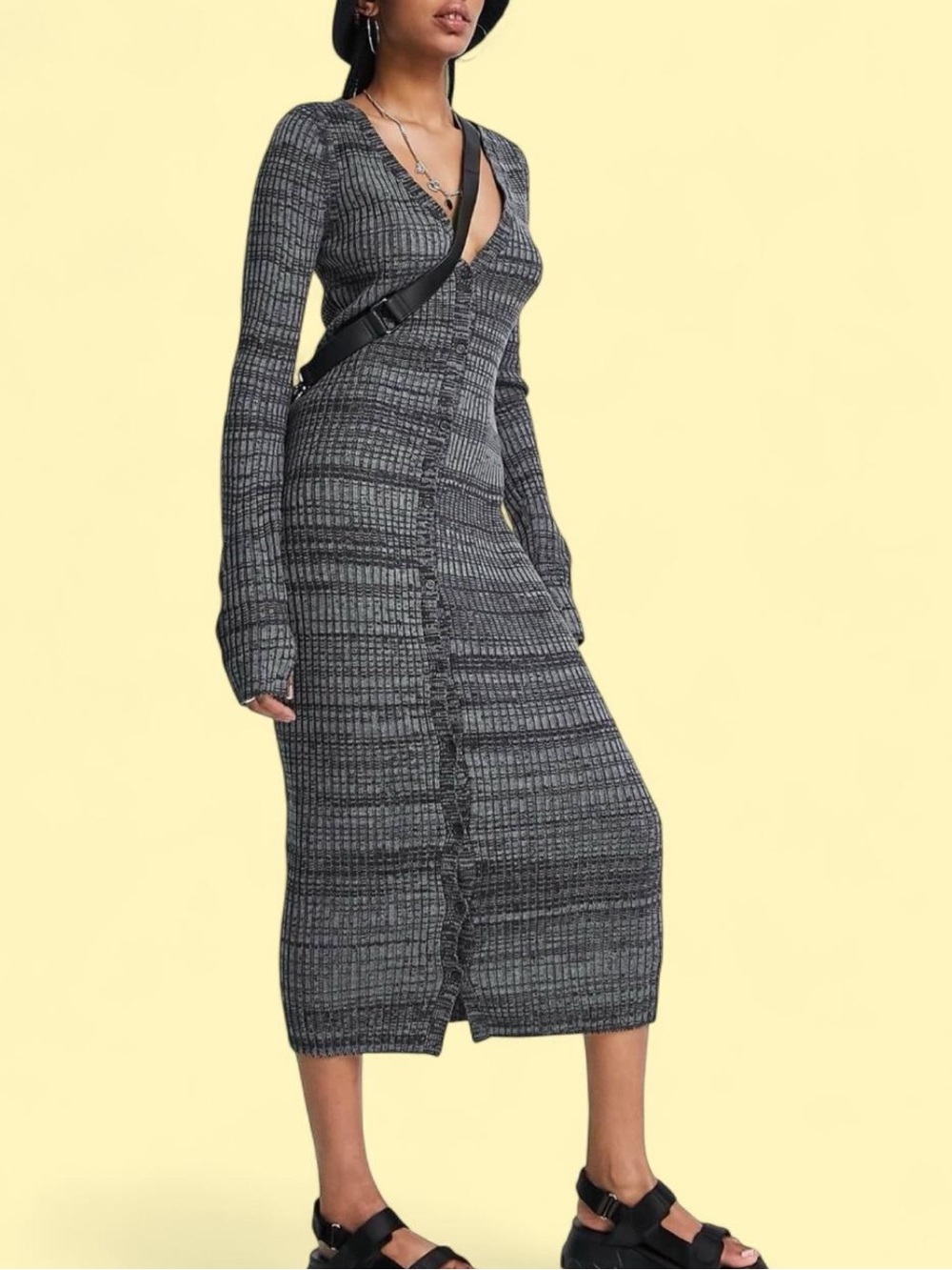 ASOS Charcoal Ribbed V-Neck Long Sleeve Midi Dress